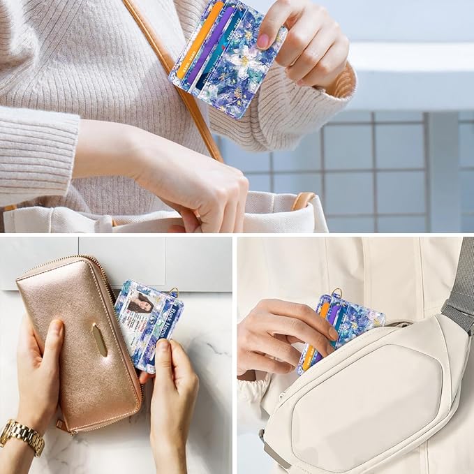 Slim Minimalist Front Pocket RFID Blocking Credit Card Holder Small Wallet Cute Card Cases for Women,Blue Flowers