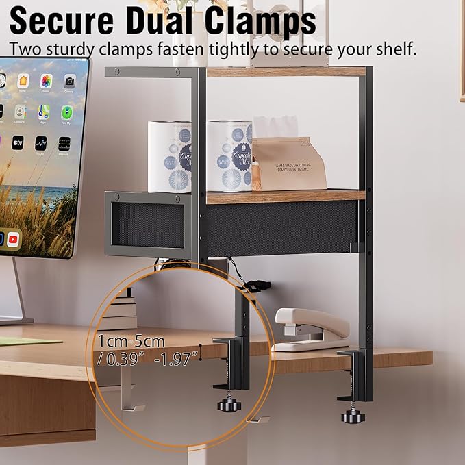 VENNQD Clamp On Desk Shelf, 2-Tier Desktop Organizer, Wood Desktop Supplies Tabletop Book Storage Rack with Adjustable Shelves for Table Working and Gaming Accessories, Rustic Brown
