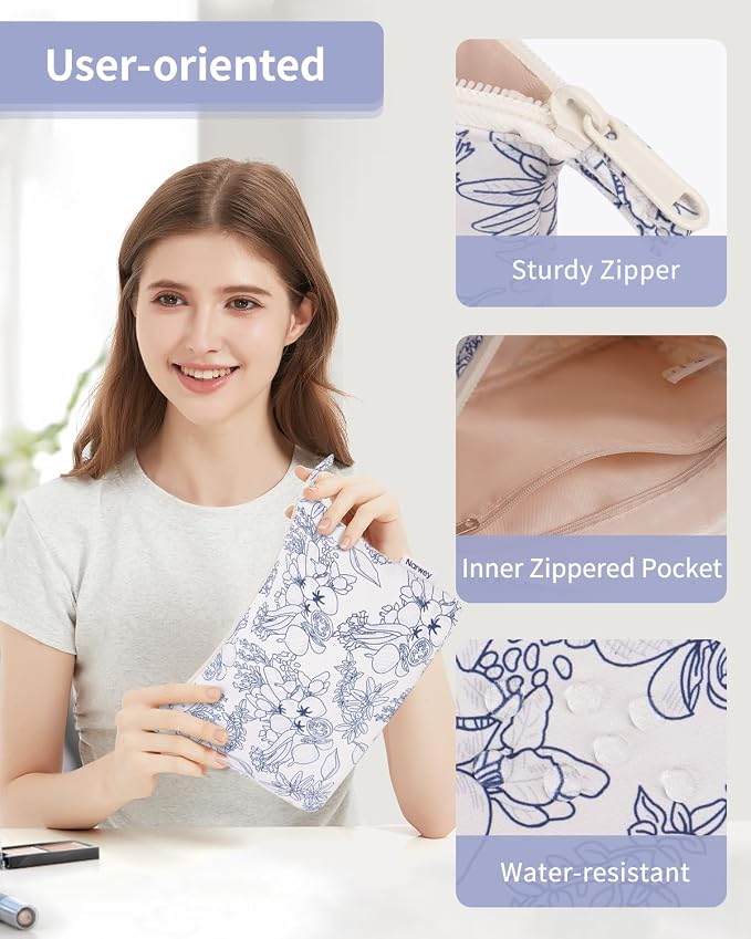 Narwey Small Makeup Bag for Purse Travel Makeup Pouch Cosmetic Bag Zipper Pouch Bags for Women (Navy Blue Flower)