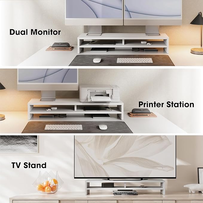 Fenge Monitor Stand, 31.5 Inch Computer Monitor Riser for Desk, 2 Tiers Wood Desk Shelf with Storage, Desktop Organizer for PC, Laptop, Screen, Printer