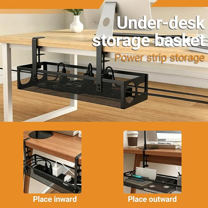 UIN Under Desk Cable Management Tray No Drill,15.35" Metal Cord Organizer with Clamp for Standing Desk, Cable Organizer for Home Office (Black)