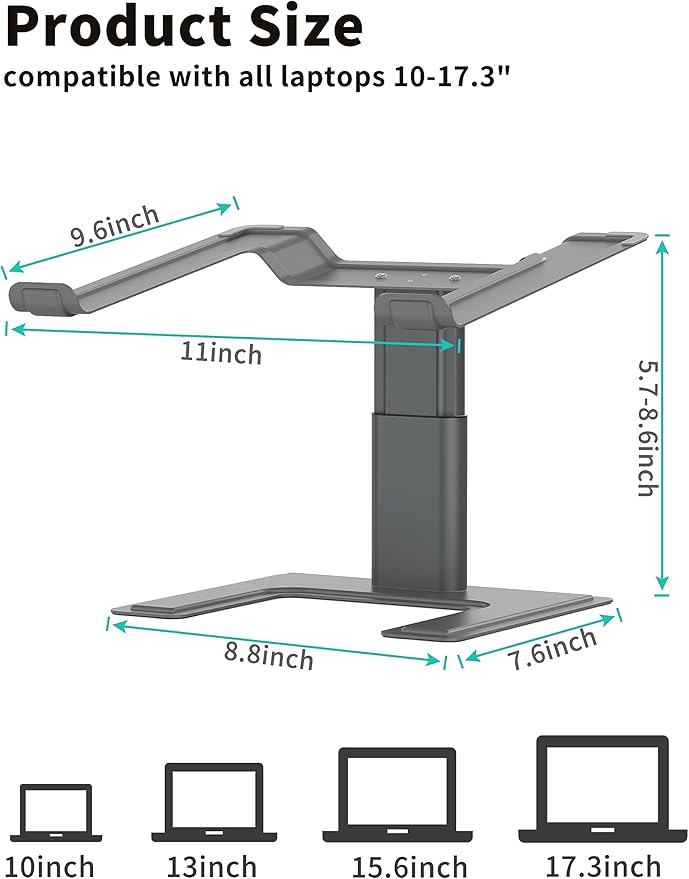 ALASHI Laptop Stand for Desk, Computer Stand Adjustable Height, Ergonomic Notebook Laptop Riser, Aluminum Metal Holder Compatible with 10 to 17.3 Inches Notebook PC Computer, Grey