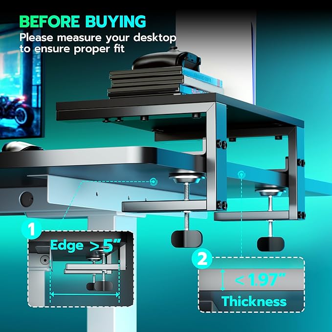 ARES WING Desk Shelf Extender, 15 inches 3 in 1 Clamp on Desk Shelf with Phone & Headset Holders, Heavy Duty Desktop Organizer for Gaming and Office Accessories, Black