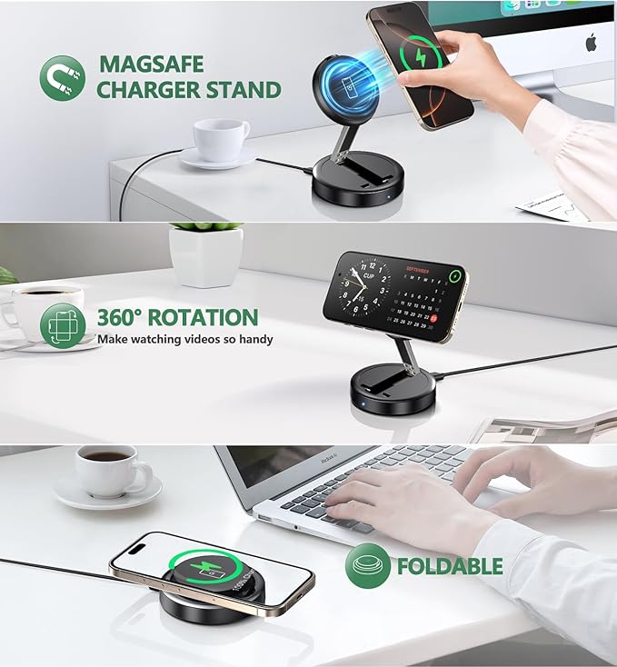 Magnetic Wireless 15W Fast Mag Safe Charger Pad for iPhone 17 Pro Max/17 Pro/17 Air/17/16/15/14/13/12 Series Foldable Charging Station Apple Mag-Safe Charger for AirPods 3/2/Pro 2/Pro