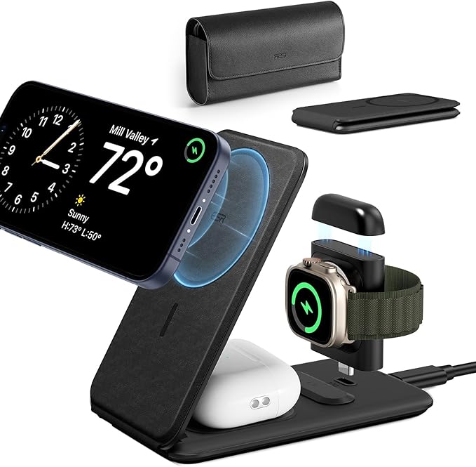 ESR for 3 in 1 Magsafe Charger, Travel Charger Stand Made for Apple Watch Certified, Foldable Charging Station Compatible with Magsafe and iPhone 16/15/14/13/12, AirPods 4/3/Pro, Black