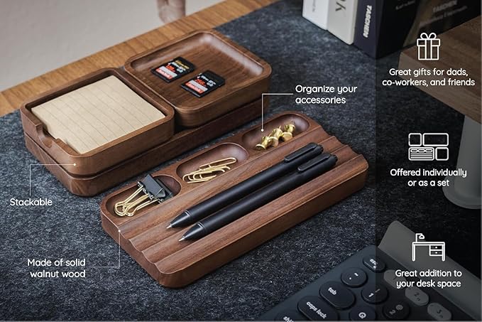 MUUJEE Engraved Wooden Desk Organization 4 Piece Set - for Desk Accessories Work Professional Office Teacher Dad Wood Tray Rustic Minimalist Organizer Pens Pencils Sticky Notes