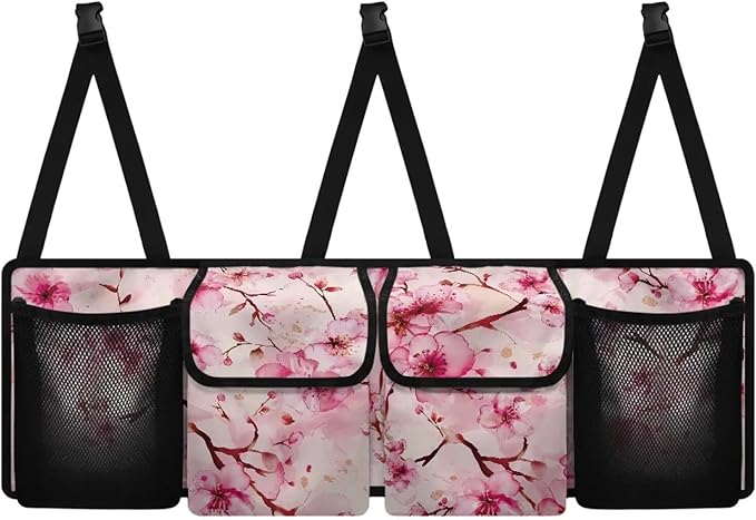 Pink Cherry Blossom Trunk Hanging Organizer Backseat Bag Foldable Cargo Storage with 4 Pockets 3 Adjustable Straps Keep Your Trunk Neat and Organized