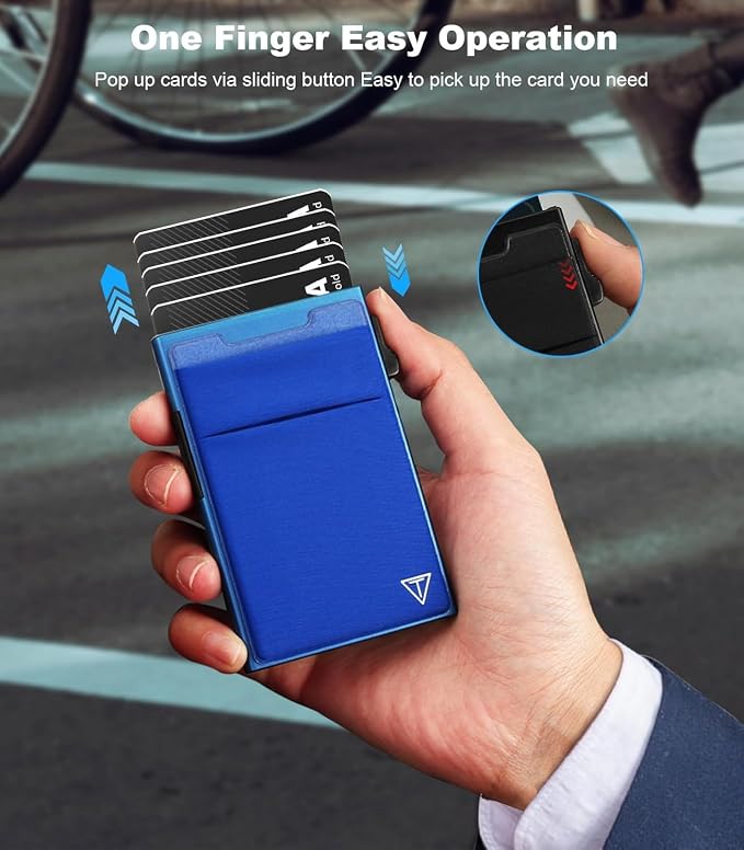 TOYFID Aluminum Wallet for Men - RFID Protected, Scratch Resistant, Large Capacity, Extra Pocket, Sliding Button, Blue
