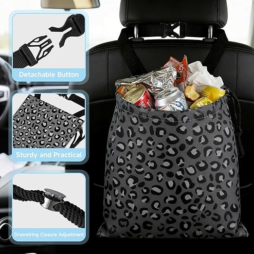Grey Leopard Pattern Car Trash Bag - Waterproof Car Trash Bag Hanging Leakproof Car Garbage Bag - Washable Reusable Trash Bag For Car Interior Hanging Organizer Storage Vehicle Travelling Camping