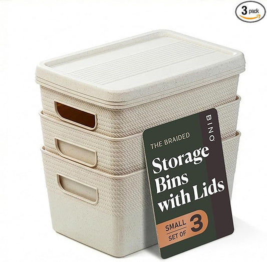 BINO | Plastic Storage Bins with Lids, 5 Liter - 3 Pack, Natural | THE BRAIDED COLLECTION | Plastic Bins for Organization Woven Storage Baskets for Organizing Pantry Shelf Organizer Basket Bin
