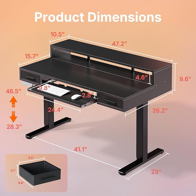 HUANUO 48″ x 26″ Electric Standing Desk with 2 Drawers &24.4″ Large Keyboard Tray, C-Clamp Mount Compatible, Adjustable Computer Desk for Office, Sit Stand Up Desk with 4 Height Presets, Black