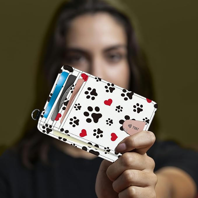 Small Travel Wallets, Cute Dog Paw Prints Slim Minimalist Front Pocket Wallet with Wristlet, RFID Blocking PU Leather Credit Card Holder with ID Window Change Purse for Men Women