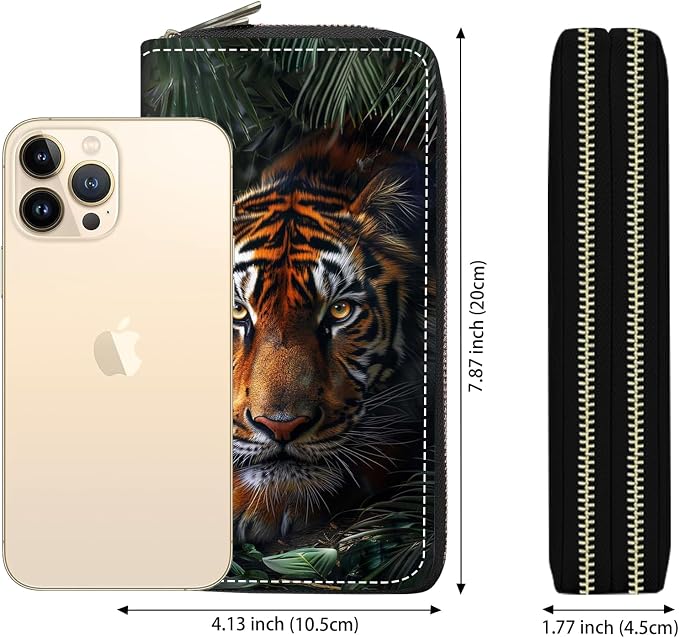 Women's Large Capacity Wallet PU Leather Double Zipper Clutch Purse Multifunctional Wallet with Removable Wristlet Strap for Smart Phone/Coin/Card/Cash - Tiger