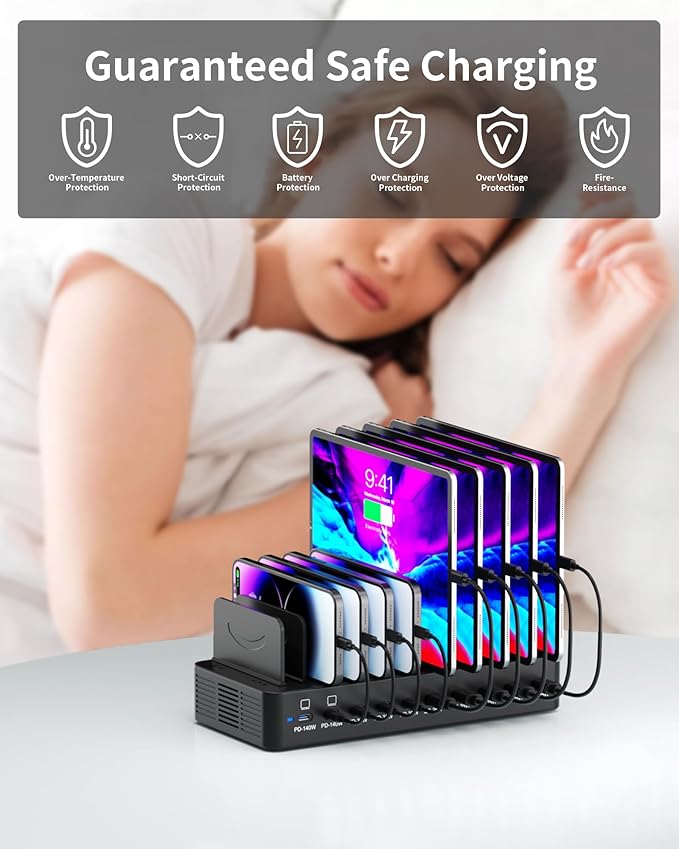 620W Charging Station for Multiple Devices, 10-Port USB C Fast Charger Station, Dual 140W PD3.1 PPS Charging Dock with Adjustable Dividers & 6 Cables - for Laptop MacBook, iPhone, iPad