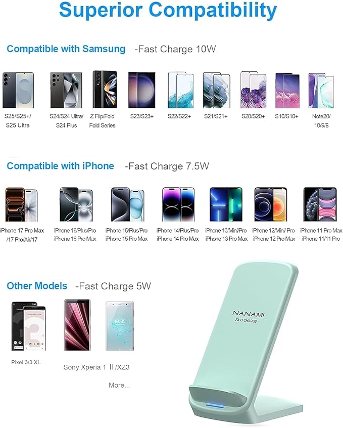 NANAMI Upgraded Fast Wireless Charger, Wireless Charging Stand for Samsung Galaxy S26/S25/S24/S23/S22/S21/S20/S10/S9/Note 20 & Phone Charger Dock for iPhone 17/17 Air/17 Pro/16/16 Plus/15/14/13/12
