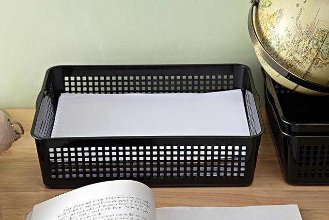 Eslite A4 Size Plastic Storage Basket,Desktop File Paper Letter Organizer Tray, 6-Packs (Black)