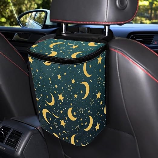 Car Trash Can with Lid Storage Pockets for Disposable Garbage Bag, Multipurpose Collapsible Car Organizer, Moon Star Print