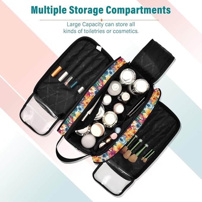 MNSRUU Large Capacity Makeup Bag, Skulls Hibiscus Flowers Portable Toiletries Organizer for Women, Travel Size Cosmetic Bag