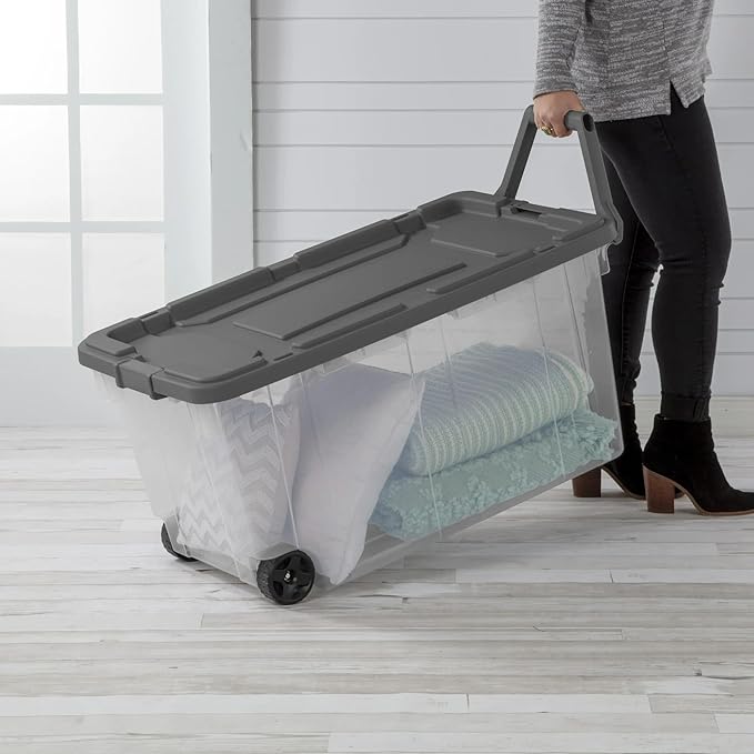 160 Quart Wheeled Stacker Tote, Extra Large Durable Clear Bin, Latch Lid and Pull Handle, 2 Count (Clear/Gray)