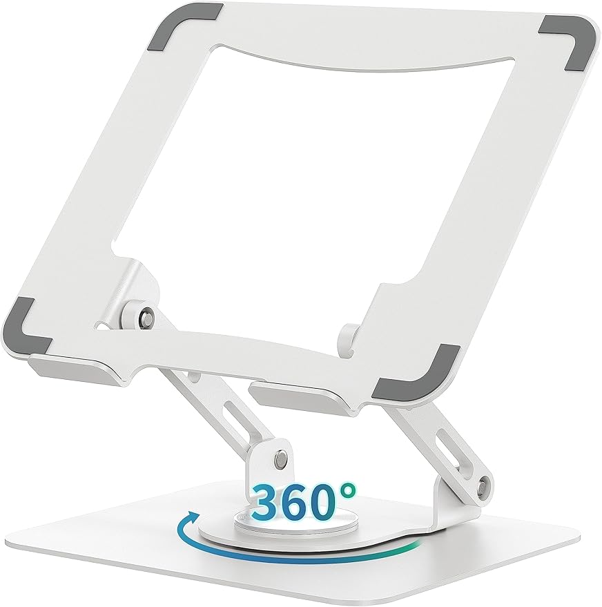 SOUNDANCE 360 Rotating Laptop Stand, Ergonomic Computer Riser for Desk, Adjustable Height Multi-Angle Metal Holder, Foldable Portable Notebook Elevating Base for Office & Home, White