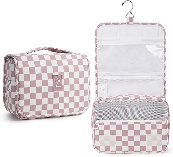 Narwey Small Hanging Travel Toiletry Bag for Traveling Women, Checkered Travel Bag for Toiletries, Makeup Bag Organizer Make Up Cosmetic Bags,Gifts for Kids Teen Girls (Dusty Pink Checkerboard)