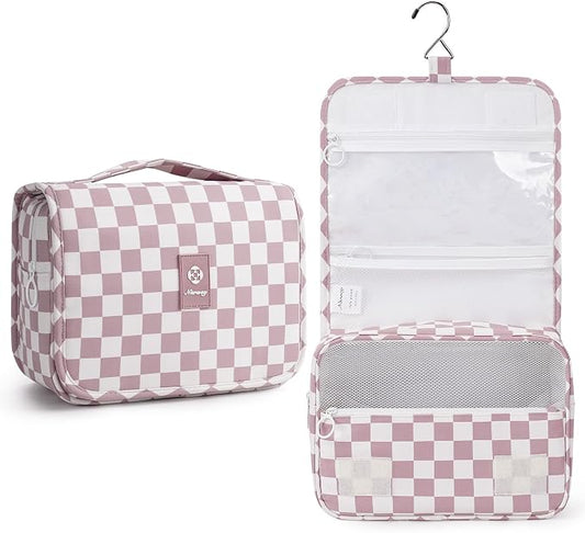 Narwey Small Hanging Travel Toiletry Bag for Traveling Women, Checkered Travel Bag for Toiletries, Makeup Bag Organizer Make Up Cosmetic Bags,Gifts for Kids Teen Girls (Dusty Pink Checkerboard)