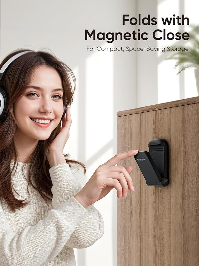 MAMUVIMO Headphone Stand, 2 Pack Headset Stand Foldable＆Sticky, Headphone Holder Hook Mount with Non-Slip Silicone, Adhesive Earphone Desk Hanger Clip Space-Saving for Airpods Max, All Earphones-Black