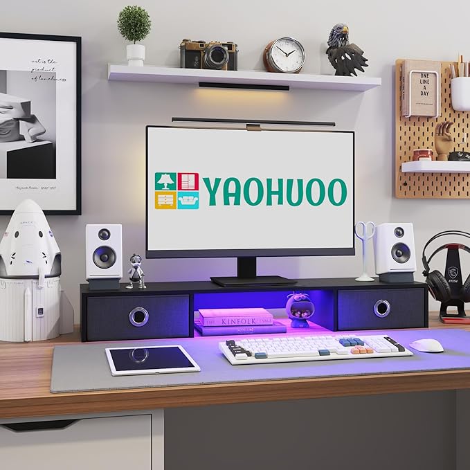 YAOHUOO Dual Monitor Stand with LED Light 2 Drawers, Computer Monitor Riser for 2 Monitors, Large Desktop Organzier with Storage for PC/Laptop/Computer/TV Screen/Printer