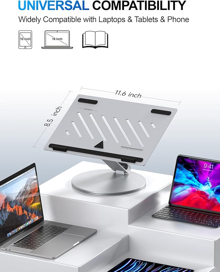 YICOSUN Adjustable Laptop Stand for Desk - 360° Rotating Ergonomic Riser with Aluminum Cooling Vents & Sturdy Construction for 10-16 Inch MacBook Pro/Air, Foldable Portable for Office & Home - Silver
