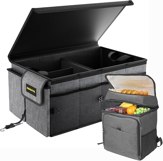 MIKKUPPA Car Trunk Organizer with Cooler - 65L Collapsible Trunk Organizer with Lid, Sturdy Car Storage for SUV Auto Truck Van with Adjustable Straps and Non Slip Bottom (Gray)