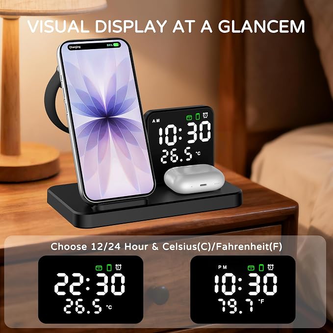 5 in 1 Wireless Charging Station with Alarm Clock Pen Holder, Fast Wireless Charger for iPhone 17/16/15/14/13/12/Pro/Max/Air, for iWatch & AirPods, Charger Stand with Temperature, Snooze Model White
