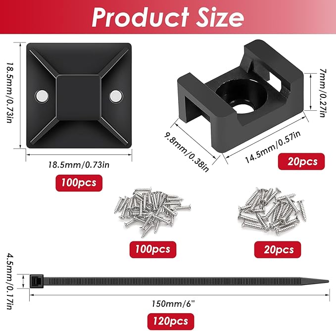 smseace 360Pcs Strong Back-Glue Self Adhesive Black Cable Zip Tie Mounts Kit with 6inch Zip Ties and Screws, UV Protection Outdoor Sticky Wire Fasteners Cable Clips Management