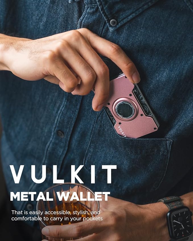 VULKIT Men's Metal Wallet with Money Clip, Slim Credit Card Holder with Airtag Holder, Minimalist Front Pocket Wallet for Men(Rose Gold)