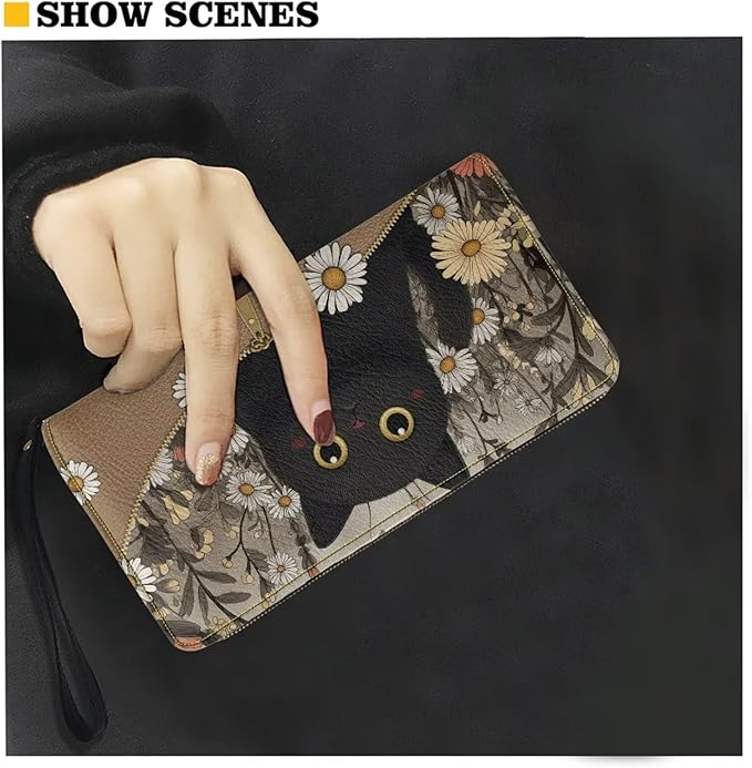 Bulopur Daisy Black Cat Wallet for Women Purse with Wristlet PU Leather Waterproof Ladies Purses Handbag Zip Around Coin Cash Clutch Card Organizers Gifts for Him