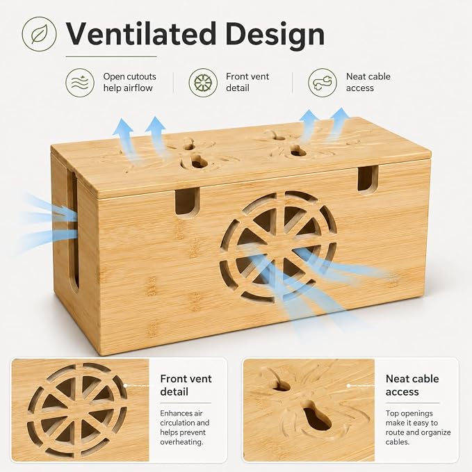 Cable Management Box - Large Bamboo Cord Organizer for Desk and Home Office - Power Strip Hider with Ventilation, 15.7 x 6.7 x 6.7in