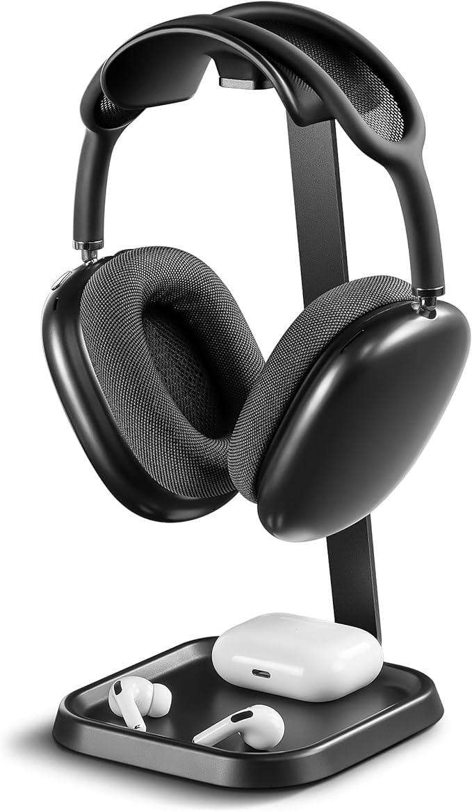 Headphone Stand, Curved Headset Stand with Storage Tray, Gaming Headset Holder for AirPods Max, AirPods Max 2, AirPods, AirPods Pro, Beats, Bose, Sony and More (Black)