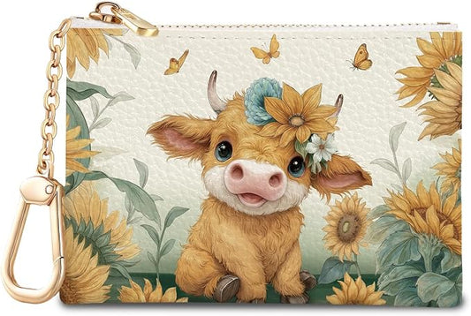 Highland Cow Cattle Keychain Coin Purse for Women, Small PU Leather Change Pouch, Zipper Little Tiny Travel Wallet for Girls, Cute Kawaii Zip Pocket Coin Holder with Key Ring