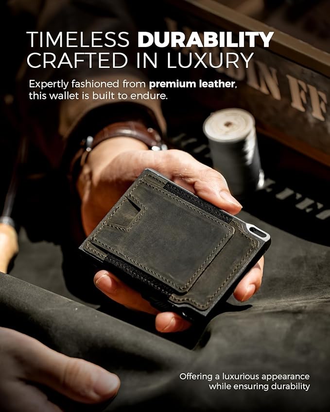 LORZOR Slim Tactical Wallet for Men- Minimalist Full Grain Leather Wallet for 10 Cards, RFID Blocking Aluminum Cardholder, Smart Pop Up Card Case, Front Pocket, Money Clip, Gift for Men(ArmyGreen)