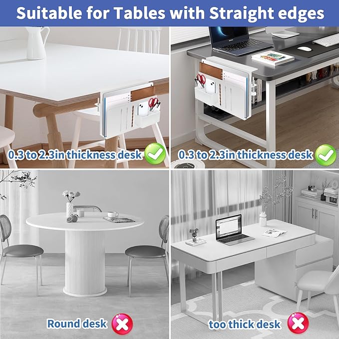 Desk Side Storage, Desk Laptop Holder with Magnetic Pen Holder, No Drill Desk Side Organizer for Office and Home Fits Flat Edge 0.3" to 2.3"