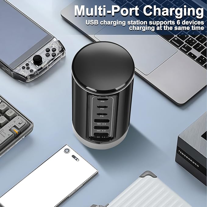 Universal USB Tower Fast Charging Station 6-Port 150W - Compact, Space-Saving Design with Multiple USB-C Ports for All Series iPhone Galaxy Note Pixel iPad Multiple Devices