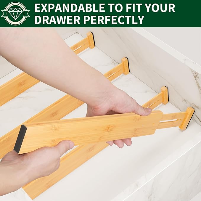 Dunruz Bamboo Drawer Dividers 2.6" High,17"-20" Adjustable Spring Loaded Clothes Drawer Organizers for Kitchen, Dresser, Bathroom, Bedroom and Office