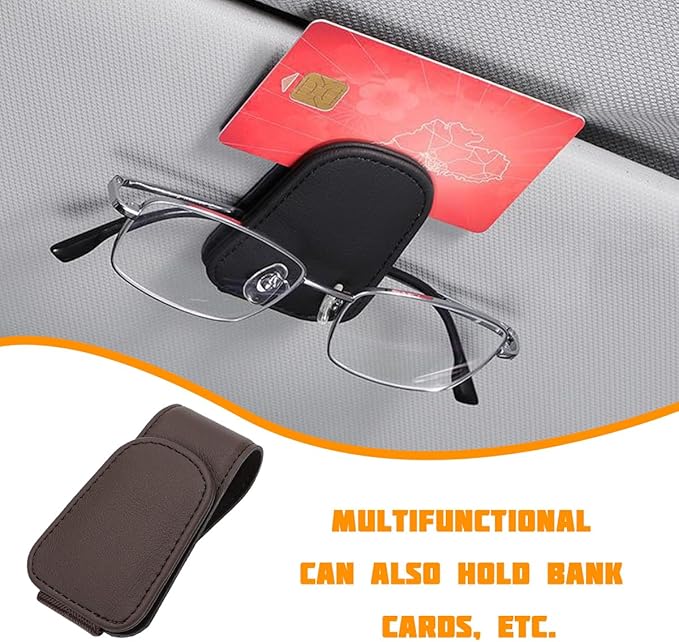 Sunglasses Holder for Car Visor, Microfiber Leather Magnetic Sun Visor Eyeglasses Hanger & Ticket Card Clip, Multi-Function Automotive Interior Glasses Mount, Universal Fit (Brown)