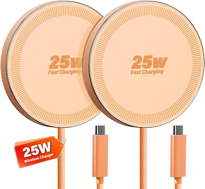 25W Wireless Charger for MagSafe, Magnetic Fast Charging Pad for iPhone 17/16/15/14/13/12 Series & AirPods, Strong Magnet, Thin & Portable Wireless Charger for Travel Home Office (Orange, 2Pack)