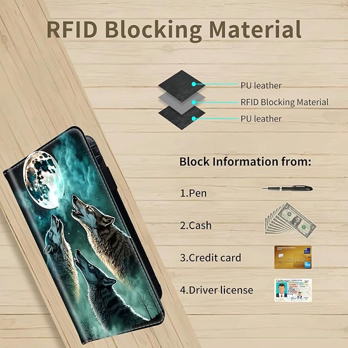 Checkbook Cover for Women & Men PU Leather Checkbook Covers for Personal Checkbook Check Book Credit Card Holder Holder Wallet with RFID Blocking for Duplicate Checks,Cool Wolves Howling at The Moon