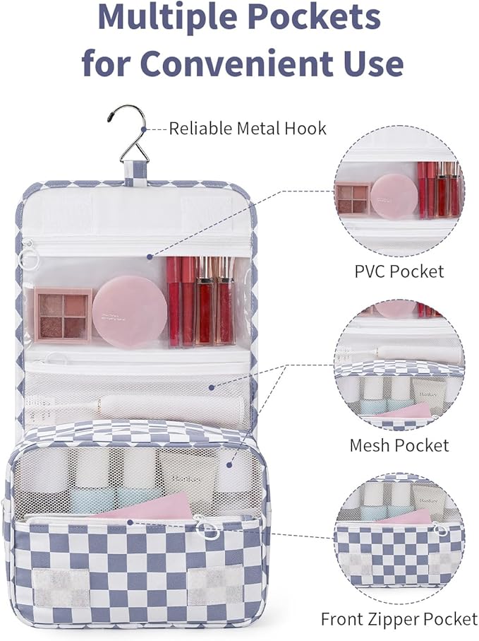 Narwey Small Hanging Travel Toiletry Bag for Traveling Women, Checkered Travel Bag for Toiletries, Makeup Bag Organizer Make Up Cosmetic Bags, Gifts for Kids Teen Girls (Grayish Blue Checkerboard)