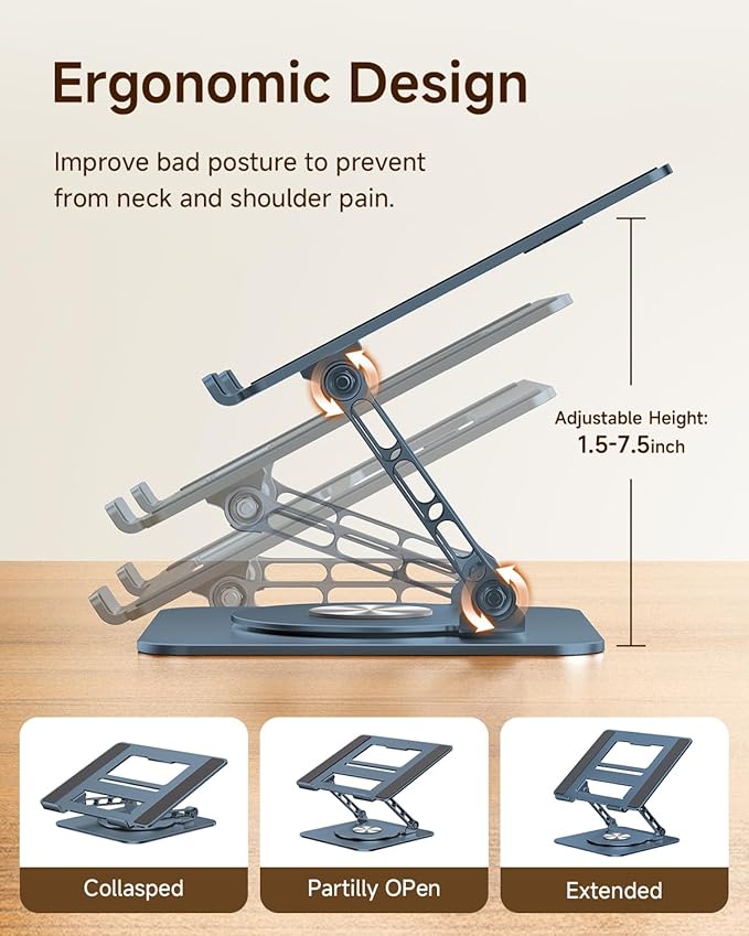 MCHOSE Laptop Stand for Desk, Ergonomic Laptop Riser with 360° Rotating Base, Foldable Notebook Computer Holder Stand Compatible with MacBook Air Pro, Dell XPS, More 10-15" Laptops, Navy