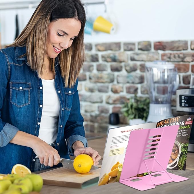 Honagu Book Stand Metal Desk Book Holder, Book Holders for Reading Hands Free, Adjustable Cookbook Documents Holder, Portable Bookstand for Music Books, Textbook, Recipe, Tablet, Ipad (Pink)
