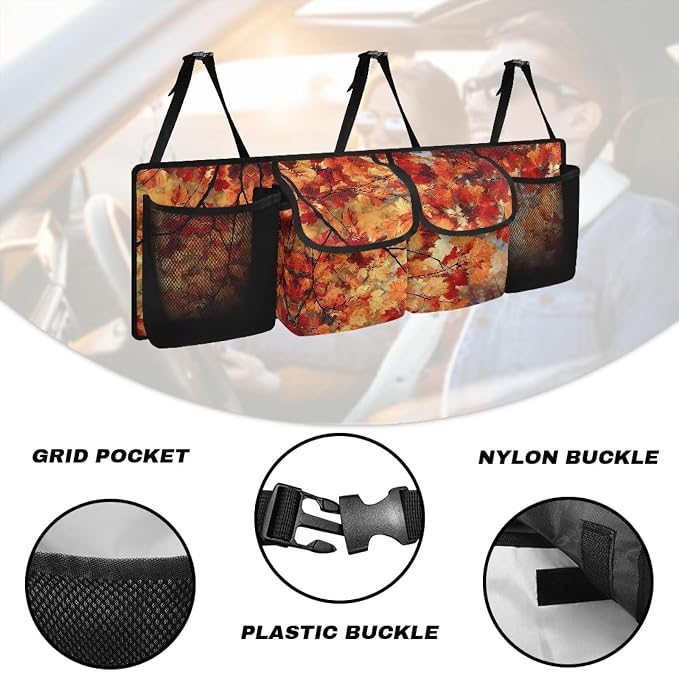 Thanksgiving Leaves Fall Car Trunk Organizer Capacity Car Organizer SUV, Equipped with Robust Elastic Net, Hanging Car Storage Organizer Space Saving Expert