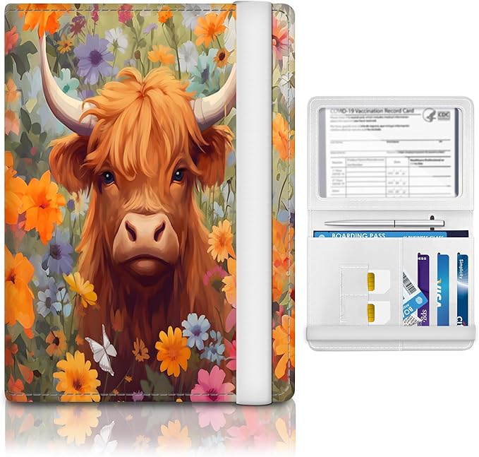 Passport Holder for Travel Essentials, RFID Premium Leather Passport Wallet Cover Case for Travel Must Haves Accessories, Passport Book Holders for Women Men Cute Flower Cows