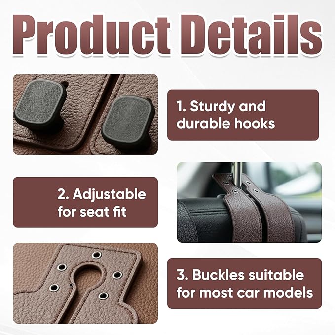 2Pcs Headrest Hooks for Car, Car Purse Hook, Double Leather Car Seat Back Storage Hook for Handbags Purses Bags (Brown)